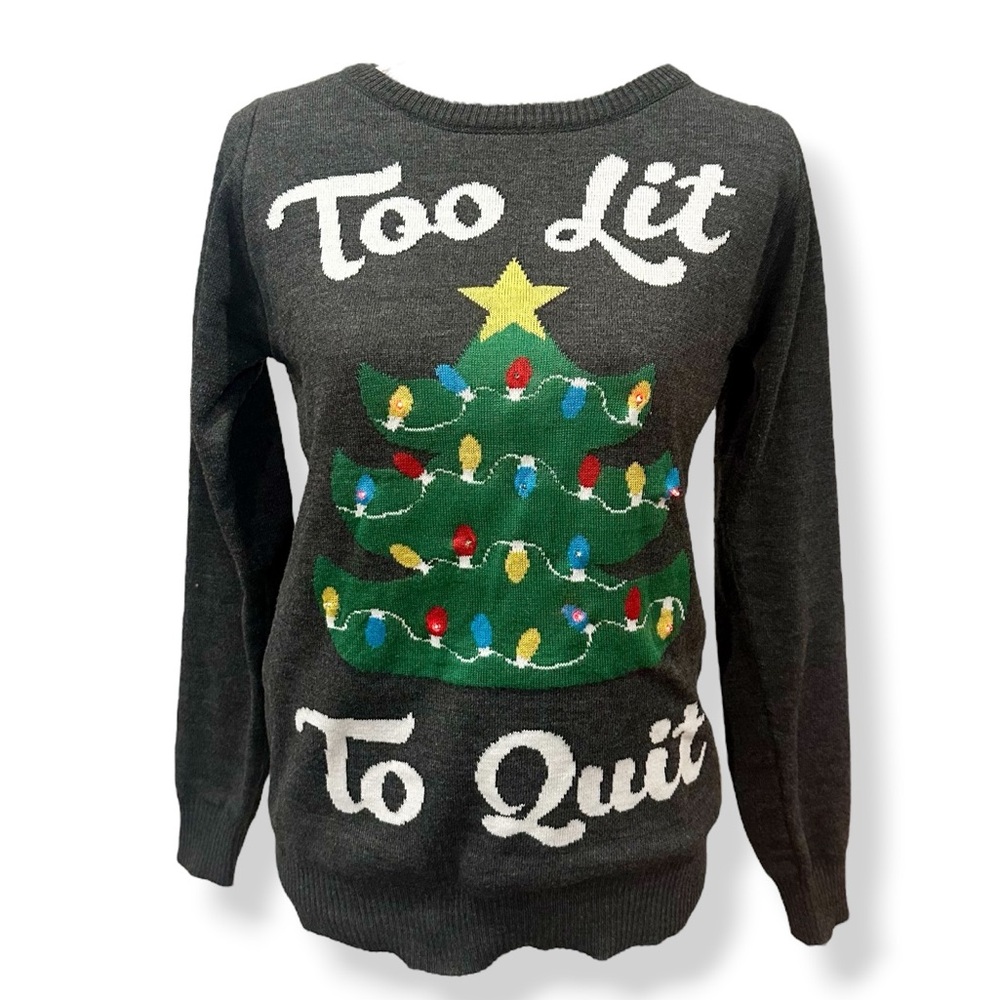 Christmas Tipsy Elves “Too Lit To Quit” LIGHT UP LED Ugly Sweater | Size S